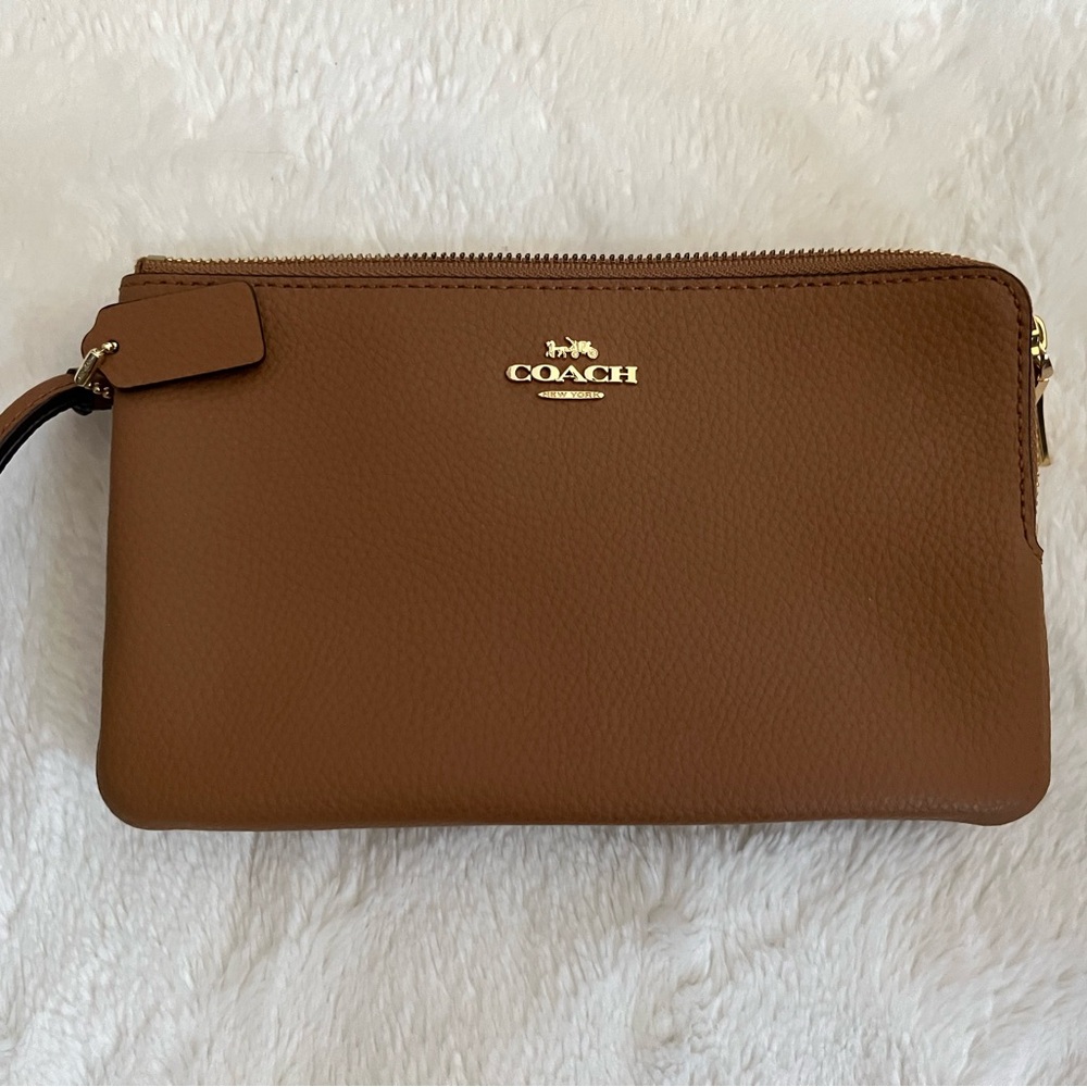 Coach Tan Leather Wristlet with Gold Accents